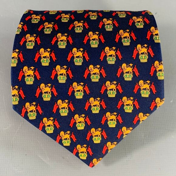 SALVATORE FERRAGAMO Navy Red Orange Lion Crest Silk Tie